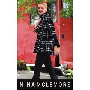 NINA MCLEMORE Black & White Checker Open Front Jacket Car Coat Size 8 *NWOT*